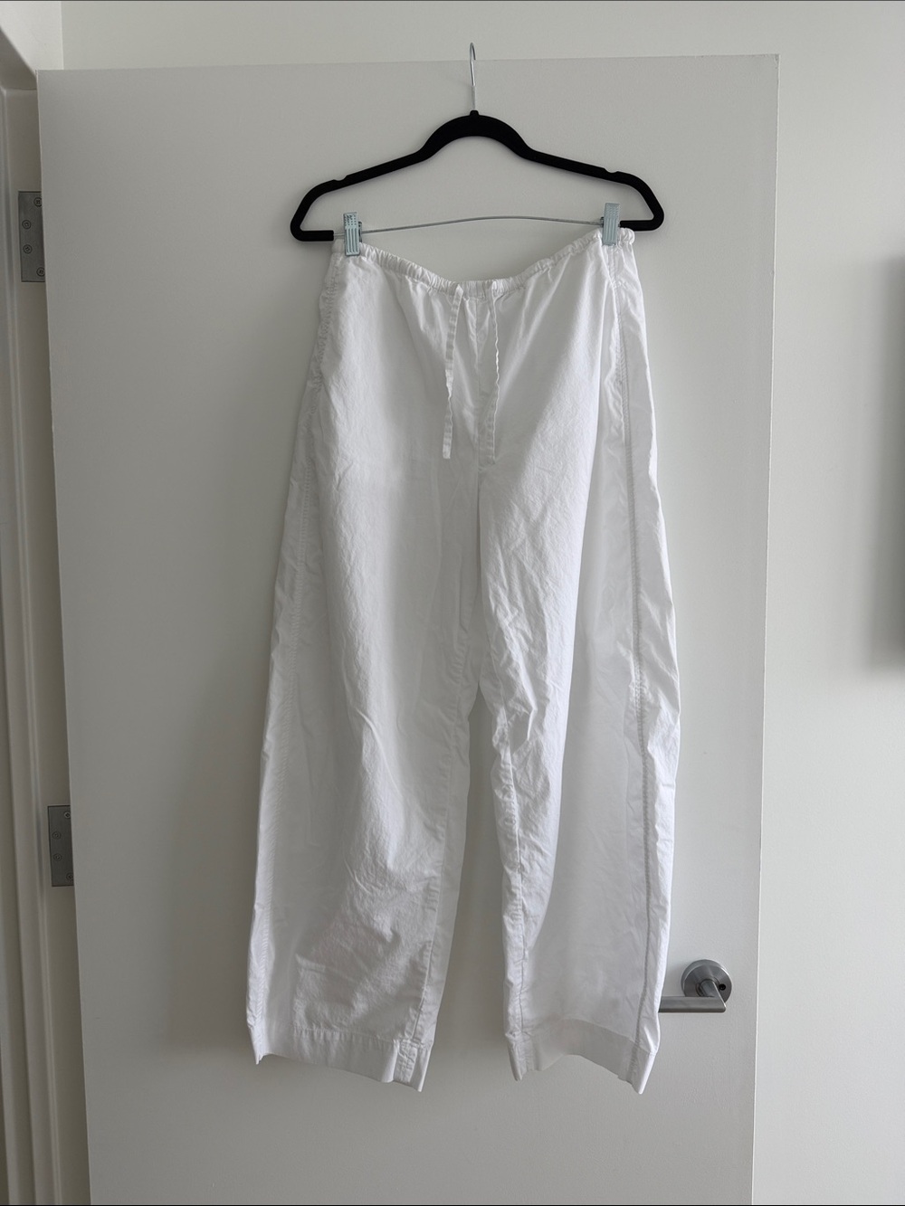 Women's White Drawstring Wide-Leg Cotton Trousers